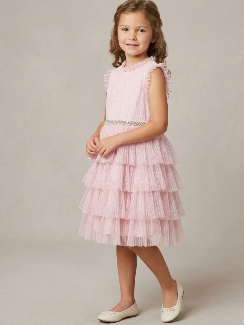 Pink & Violet Sparkling Pink Tiered Tulle Dress with Rhinestone Waist Size 5
